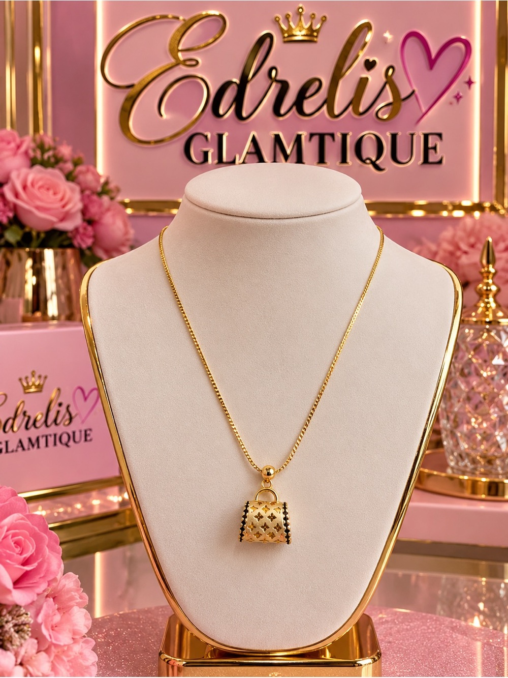 Gold Mini Purse Pendant Necklace - Black Accent